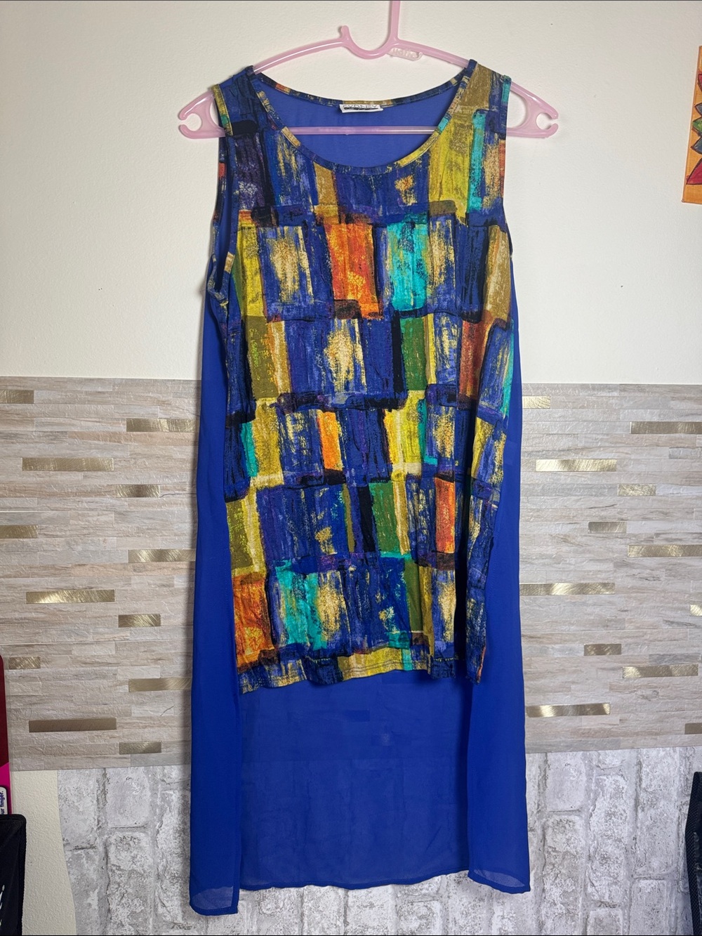 Blue Mixed-Print Sleeveless Tunic Dress